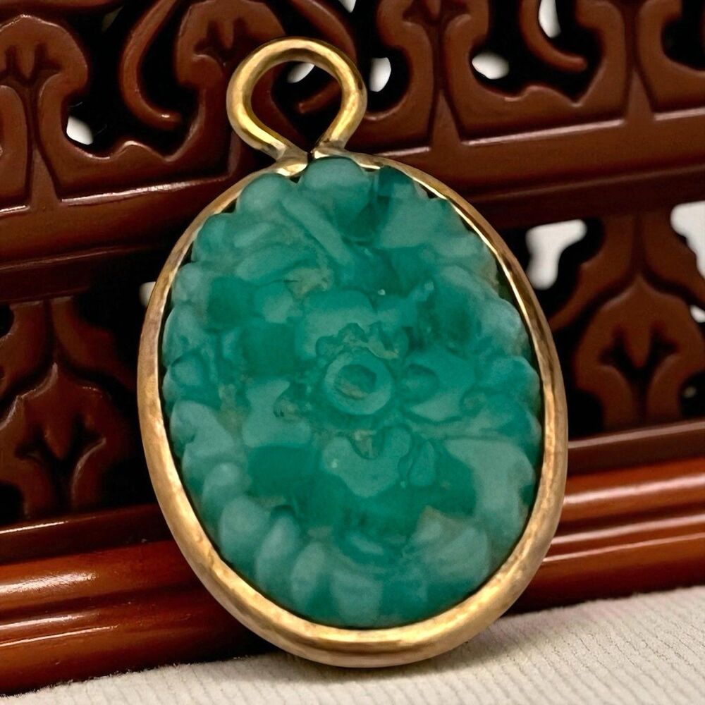 Vintage 1950s Peking Glass Pendant Gold Filled Art Deco Style Green - 7S